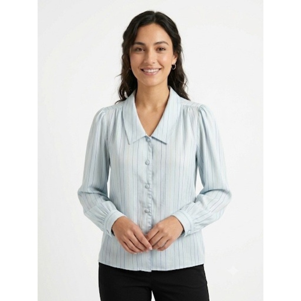 Vintage‎ Blouseworks Blue Pinstripe Button Down Blouse Puff Sleeve Top Size 8